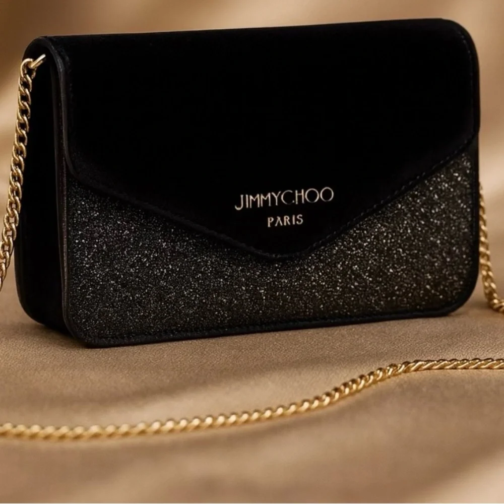 Jimmy Choo Black Suede like & Glitter Clutch with Gold Chain NWT - Picture 7 of 9